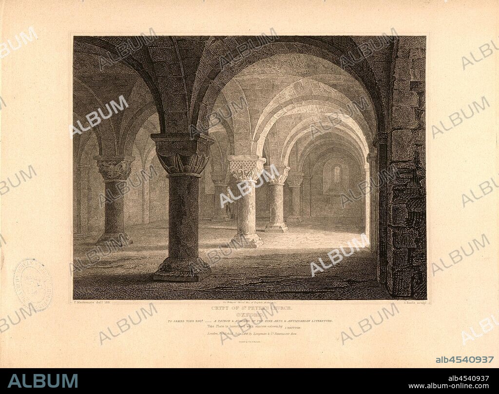 Crypt of St. Peter's Church, Oxford, Crypt of St. Peter's Church, Oxford, signed F. Mackenzie del, S. Rawle sculp, Longman & Co. published, Fig. 7, p. 260, Mackenzie, F. (del.); Rawle, Samuel (sc.); Longman & Co. (published), 1818, John Britton: The architectural antiquities of Great Britain: represented and illustrated in a series of views, elevations, plans, sections and details of various ancient English edifices: with historical and descriptive accounts of each. Bd. 5. London: J. Taylor, 1807-1826.