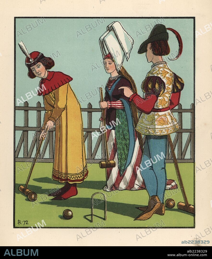 Medieval men and woman playing a game of croquet with mallet and hoops. (Pall mall was invented in the 16th century.) Handcoloured lithograph after an illustration by J. E. Rogers from Francis Cowley Burnand's "Present Pastimes of Merrie England, Cassell, London, 1873.