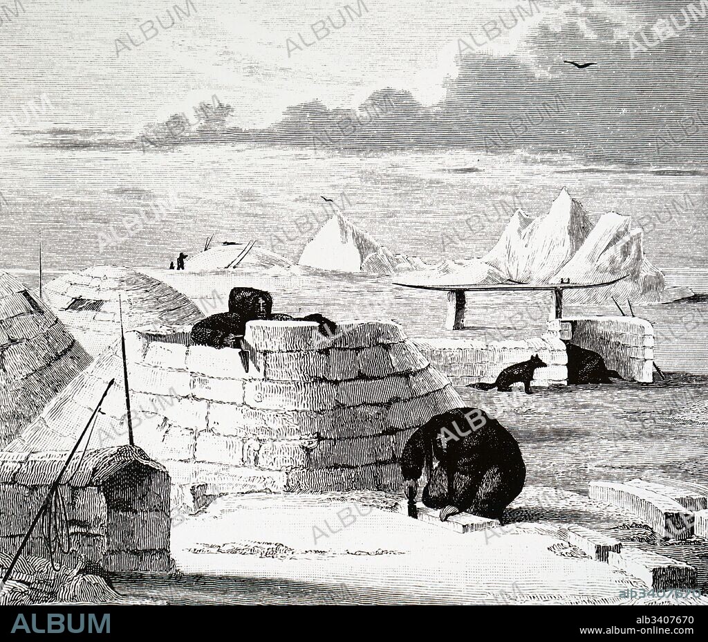 Engraving depicting an Eskimo making an igloo. The Eskimo are the indigenous peoples who traditionally inhabit the northern circumpolar regions. Dated 19th Century.