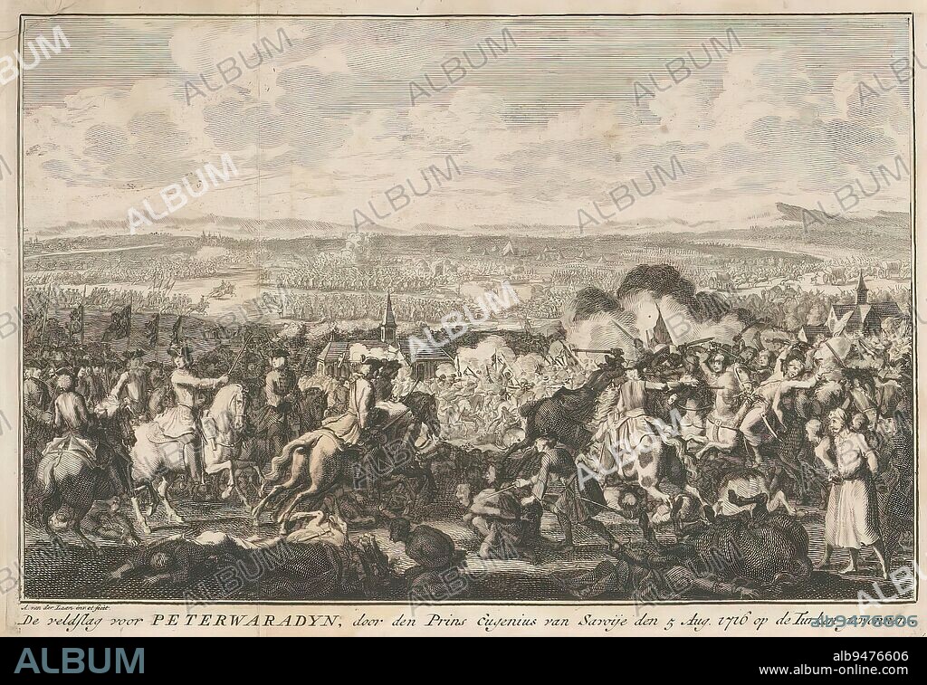 Battle of Petrovaradin, 1716, The battle for Peterwaradyn, won by den Prins Eugenius of Savoy den 5 Aug. 1716 on the Turks (title on object), The battle of Petrovaradin (present-day Novi Sad in Serbia) on the Danube with a victory of the imperial troops under the Prince of Savoy over the Turks, 5 August 1716. On a top sheet together with the portrait of Eugenius of Savoy., print maker: Adolf van der Laan, after own design by: Adolf van der Laan, (mentioned on object), Netherlands, 1716, paper, etching, engraving, height 153 mm × width 228 mm.