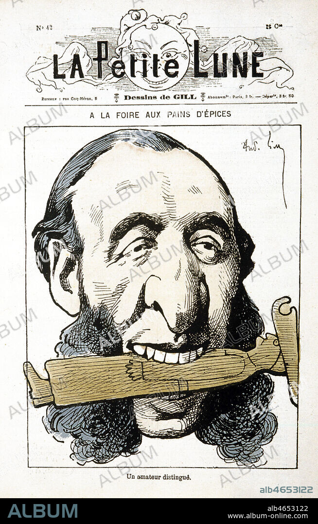 'A la foire aux pains d'epices - un amateur distingue'. Caricature de Jules Ferry (1832-1893) qui croque un cure en pain d'epices.. Illustration de presse dans La Petite Lune vers 1879.. Credit : Collection Kharbine-Tapabor.