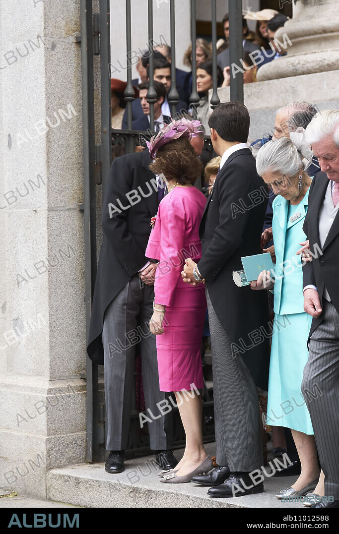 Beatriz Moreno y de Borbon, Lucas Urquijo y Fernandez-Araoz, Teresa de Borbon-Dos Sicilias y Borbon-Parma, Inigo Moreno y Artega, 12th Marquess of Laula leaves after the wedding of Jose Luis Martinez Almeida, major of Madrid, and Teresa Urquijo at Sagrado Corazon and San Francisco de Borja Church on April 6, 2024 in Madrid, Spain.