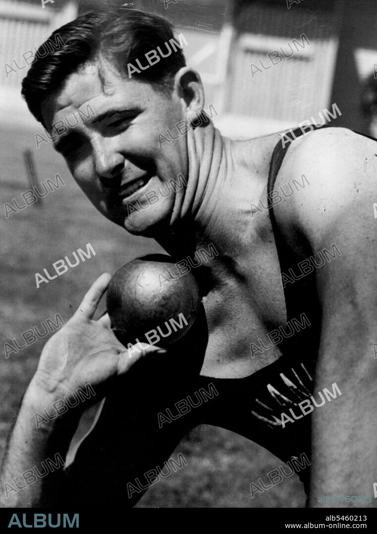 NSW Champion and record holder Peter Hanlin (Manly) in training to defend his shot - put time at Moor title at Moore Park under track on Saturday. January 18, 1954.