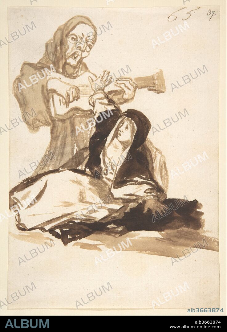 A nun frightened by a ghost playing a guitar; folio 65 from the Images of Spain Album 'F'. Artist: Goya (Francisco de Goya y Lucientes) (Spanish, Fuendetodos 1746-1828 Bordeaux). Dimensions: Sheet: 8 1/16 × 5 11/16 in. (20.5 × 14.4 cm). Date: ca. 1812-20.