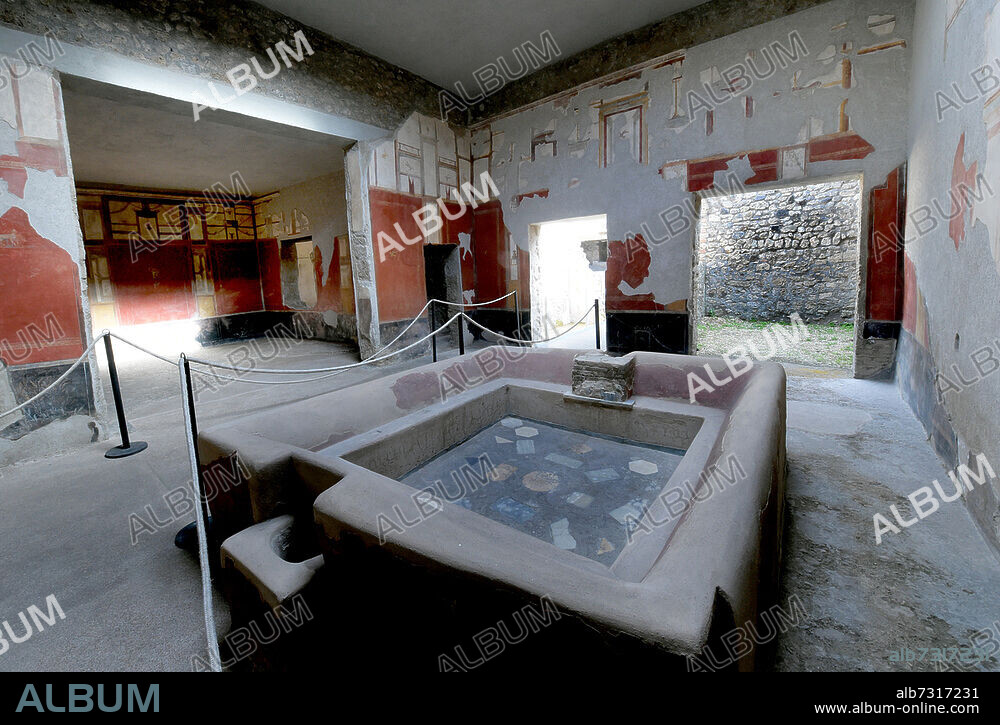 The Fullery of Stephanus (or Fullonica of Stephanus) in the ancient Roman city of Pompeii, Italy (2017). The property is the only laundry in Pompeii that had not simply been adapted from an existing building, but was a full restructuring of a patrician house, rationally laid out to best fulfill its new function.  It had large basins for rinsing fed by constant water flow and stone ones for dying, washing and getting rid of stains through the use of specific types of mud or with urine.
An eruption of Mount Vesuvius in AD 79 buried Pompeii under volcanic ash and rock. Pompeii is one of the UNESCO World Heritage Sites in Italy.