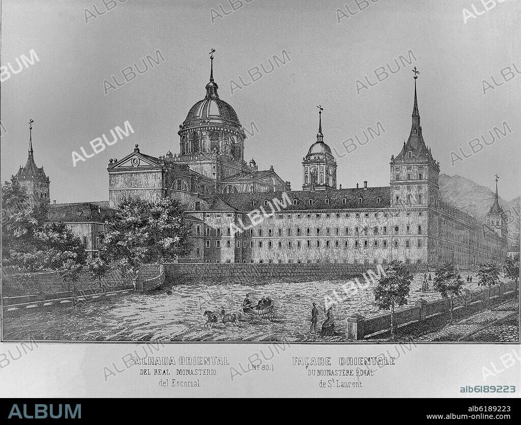 VARELA E. FACHADA ORIENTAL DEL REAL MONASTERIO DEL ESCORIAL - GRABADO SIGLO XIX.