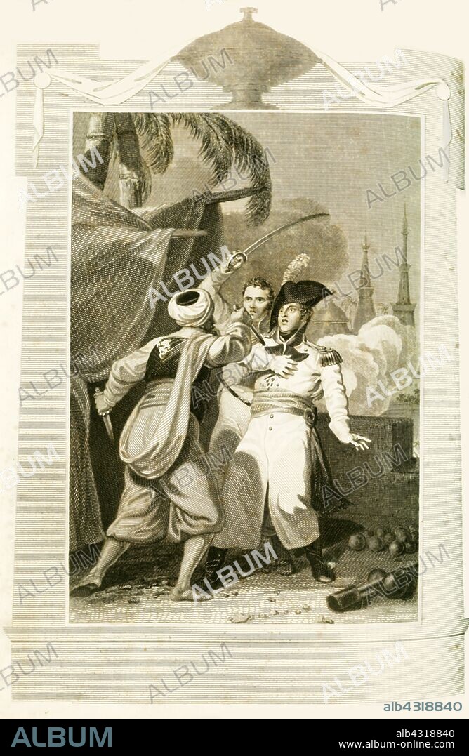 'Assassination of General Kleber in Egypt', (1800), 1816. Jean-Baptiste Kleber (1753- 1800) French general during the French Revolutionary Wars, assassinated by Suleiman al-Halabi, a student in Cairo in 1800. From "The History of the War, from the Commencement of the French Revolution to the Present Time, Vol. I", by Hewson Clarke, Esq. [T. Kinnersley, Limited, London, 1816].
