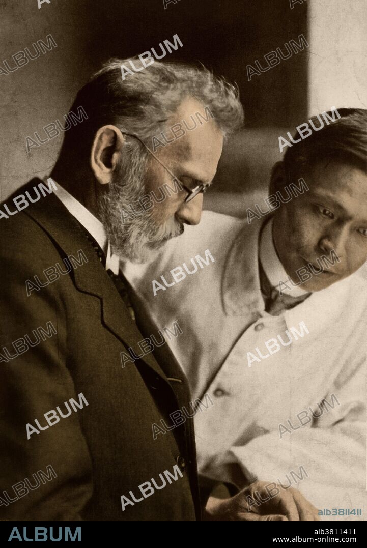 Portrait of Paul Ehrlich (1854-1915) and Sahachiro Hata (1873-1938), the bacteriologists from Germany and Japan respectively who discovered the first cure for syphilis. From 1896 Ehrlich (left) tried to find a chemical that combatted the Trypanosome parasites that caused sleeping sickness. By 1907 he tried his 606th compound, dihydoxydiamino-arsenobenzene, but found it ineffective. In 1909 Hata, a new student of Ehrlich's, was practicing in the use of arsenic compounds when he found that compound 606 was effective against the syphilis bacillus Treponema pallidum. Ehrlich, who had tried over 900 chemicals, named compound 606 salvarsan (now called arsphenamine).
