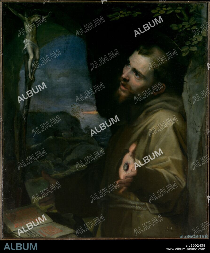 FEDERICO BAROCCIO. Saint Francis. Artist: Federico Barocci (Italian, Urbino ca. 1535-1612 Urbino). Dimensions: 35 3/8 x 30 7/8 in. (89.9 x 78.4 cm); with added strips 35 7/8 x 31 3/8 in. (91.1 x 79.7 cm). Date: ca. 1600-1604.
This canvas is conceived as a meditation on Saint Francis of Assisi (1181/82-1226), who is shown in a grotto on Mount La Verna, where he received the stigmata (depicted as protruding nails, in conformity with early Franciscan sources). A key figure in the history of Italian painting, Barocci was close to the Capuchin order, and this deeply felt work must have been intended for a friar or a supporter of the Franciscan order. Barocci was a slow, meticulous painter. His work, with its compositional refinement, its warm humanity and deep expressivity, laid the groundwork for Baroque art.