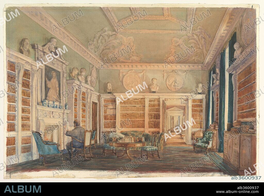 View of the Library, Kirtlington Park, Oxfordshire. Artist: Susan Alice Dashwood (British, 1856-1922). Dimensions: sheet: 12 3/16 x 18 1/4 in. (31 x 46.3 cm). Date: 1886.
This drawing was made by Susan Alice Dashwood, a descendant of Sir James Dashwood (1715-1779), 2nd baronet, who built Kirtlington Park-a house whose elegant Rococo dining room is now at the Metropolitan Museum of Art. Here we see the library in 1886, still retaining its original ceiling and overmantle, with the latter surrounding a portrait of Elizabeth Spencer, the 2nd baronet's wife. At this date, the estate belonged to the artist's father, Sir William Henry Dashwood, 5th baronet (1815-1889), who is depicted reading by the fire.