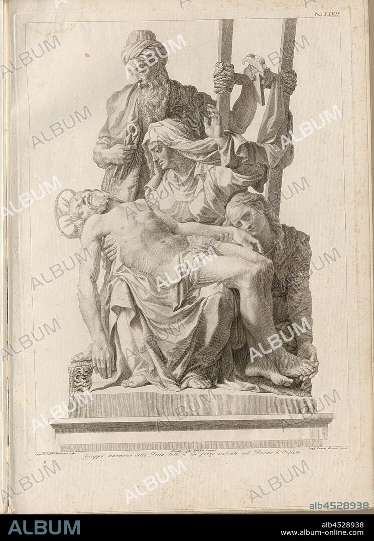 pity, Group of marbles in the Oriveto Cathedral, signed: Ippolito Scalza Orvietano scolpi; Giuseppe Cades Romano disegno; Luigi Canego Romano incise, Tav., XXVII, Scalza, Ippolito (scolpi); Cades, Giuseppe (disegno); Canego, Luigi (incise), Guglielmo Della Valle: Storia del duomo di Orvieto. Roma: presso i Lazzarini, MDCCXCI [1791].