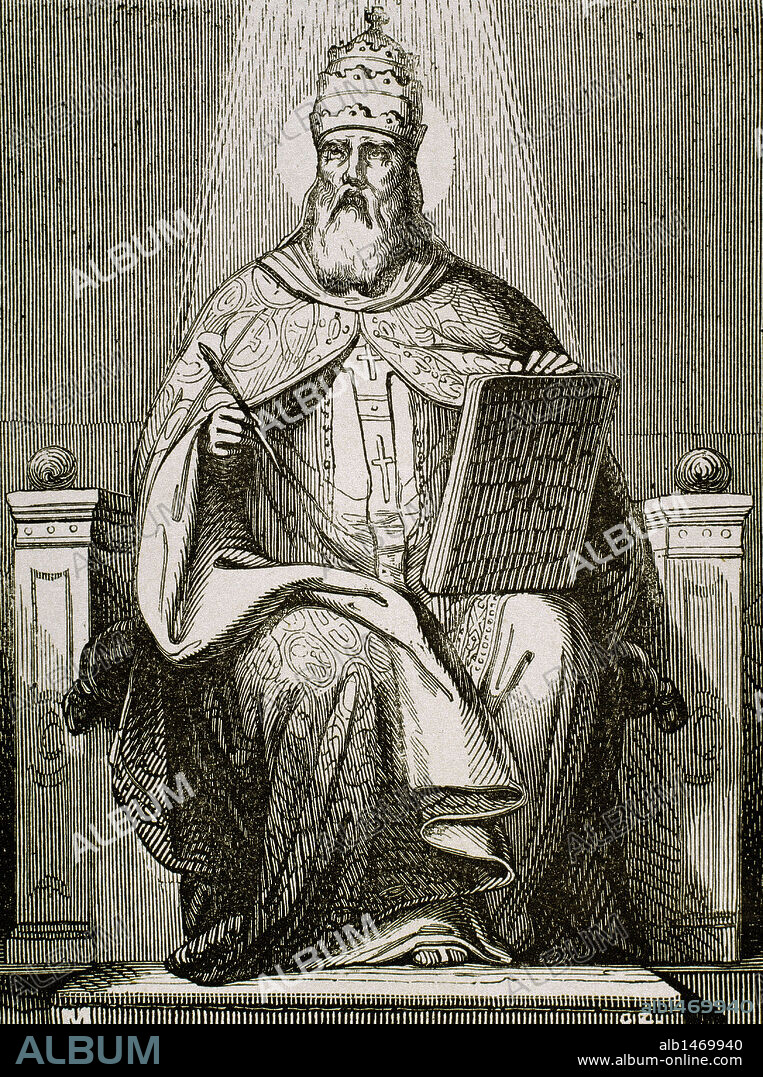 Saint Damasus I, (304-384). Roman pope (366-384). Engraving by Capuz..