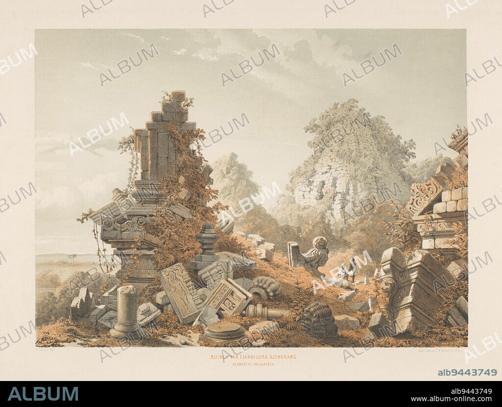Ruin of the temple Tjandi Lora Djongrang (Roro Jonggrang) at Prambanan near Jogyakarta. In the background two Javanese., Ruins of Tjandi Lora Djongrang Ruins of Tjandi-Lora Djongrang. Residence Jocjakerta (title on object), print maker: Cornelis Springer, (mentioned on object), Adrianus Johannes Bik, printer: Koninklijke Nederlandse Steendrukkerij van C.W. Mieling, (mentioned on object), The Hague, 1852 - 1856, paper, h 519 mm × w 704 mm.