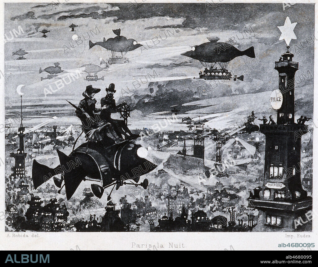 Paris la nuit. Illustration d'Albert ROBIDA (1848-1926) pour Le 20eme siecle, 1884. Credit: Collection KHARBINE-TAPABOR.