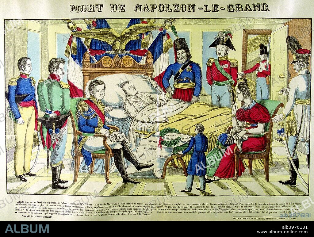 'The Death of Napoleon the Great', 5 May 1821, 1825. Napoleon Bonaparte (Napoleon I) (1769-1821), Emperor of France 1804-1815. After his defeat at Waterloo in 1815 and his subsequent surrender to the British, he was exiled to the island of St Helena where he died. Here he is surrounded by his household and the Governor of St Helena while a British soldier stands on guard at the door. On a stool by the bed are a sword, a laurel wreath, and a scroll with the names of his main campaigns.