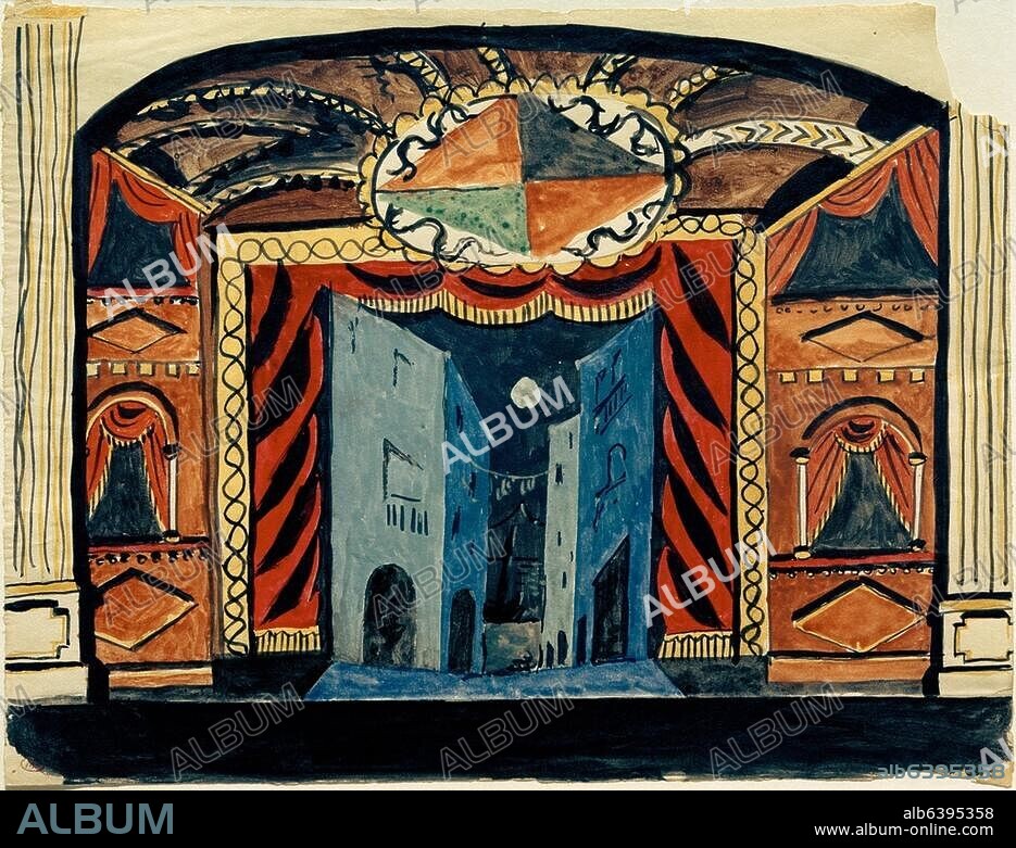 Stravinsky, Igor Russian composer; 1882-1971. Works: Pulcinella (ballet; libr.: Léonide Massine; FP Paris 1920).-Set design for the premiere on 15 May 1920 at Théâtre de l'Opéra in Paris.-Drawing, 1920, by Pablo Picasso (1881-1973). Gouache and ink on paper, 24.3 x 33 cm. MP 1750(r).