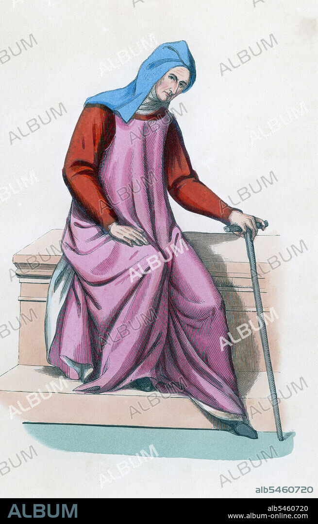 Edad media. Mujer plebeya de la clase artesana. Grabado de 1860.