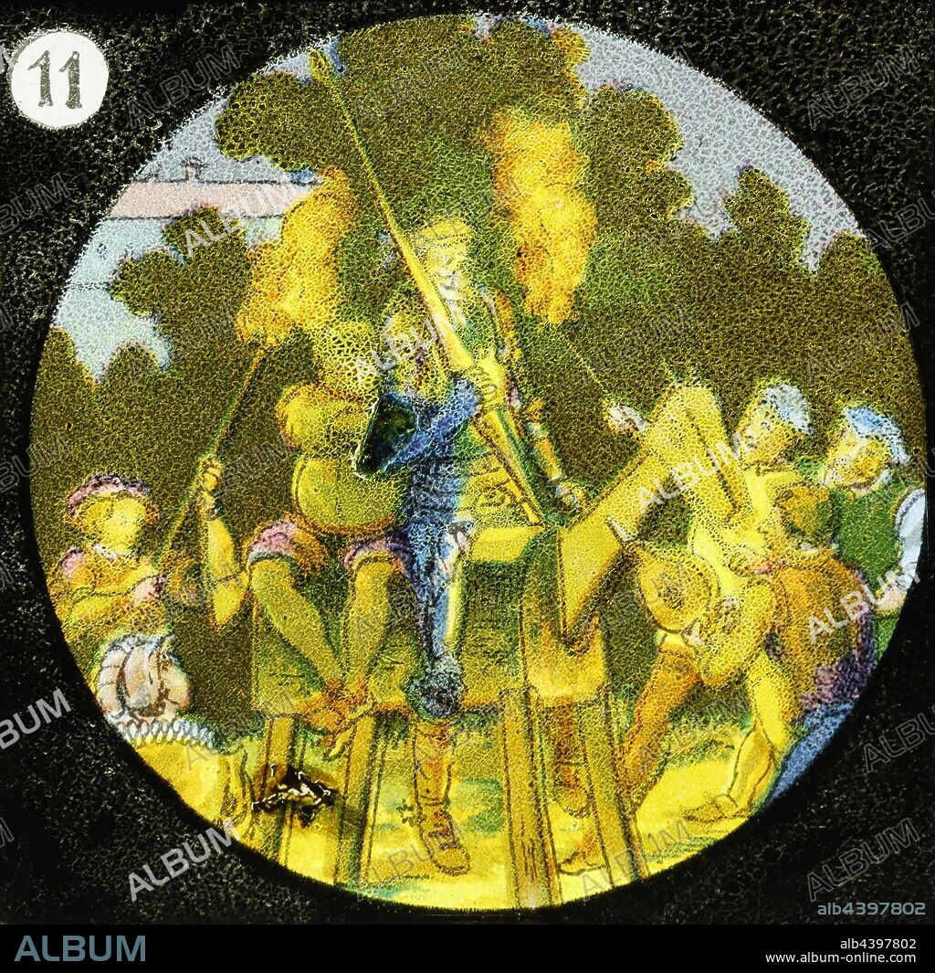 Lantern Slide - Don Quixote, No. 11, 1900-1920, Alternative Name(s); Children's Slide; Magic Lantern Slide Slide number 11 from a set of 12 lantern slides depicting the story of Don Quixote. Depicts Don Quixote and another man (perhaps his 'squire', Sancho Panza), on a wooden horse, licked by flames. He endured defeats and humiliations during his adventures. pre-cinematic apparatus.