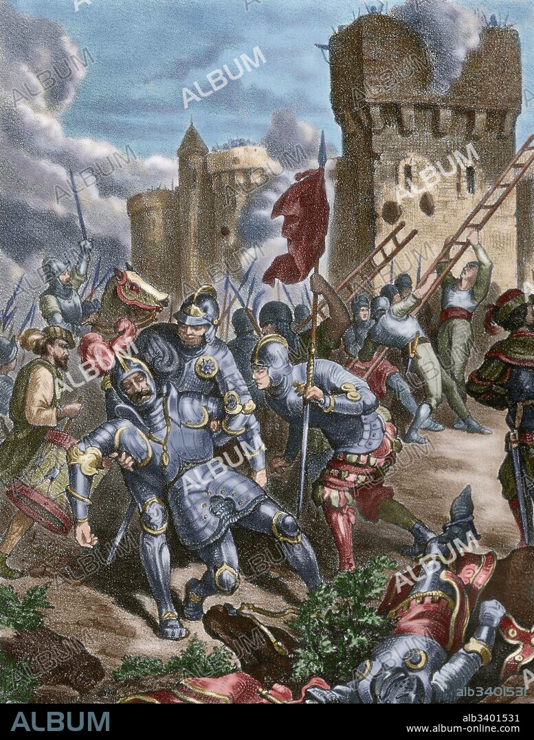 El Saco de Roma (1527). Tropas alemanas y españolas de Carlos I tomaron la ciudad de Roma el 6 de mayo de 1527. Carlos III, octavo duque de Borbón y Condestable de Francia (1490-1527), noble francés, se hallaba al mando de los soldados imperiales. Sus tropas tomaron la ciudad y la saquearon. Muerte del Condestable de Borbón en el asalto a Roma. Grabado del siglo XIX. Coloreado.