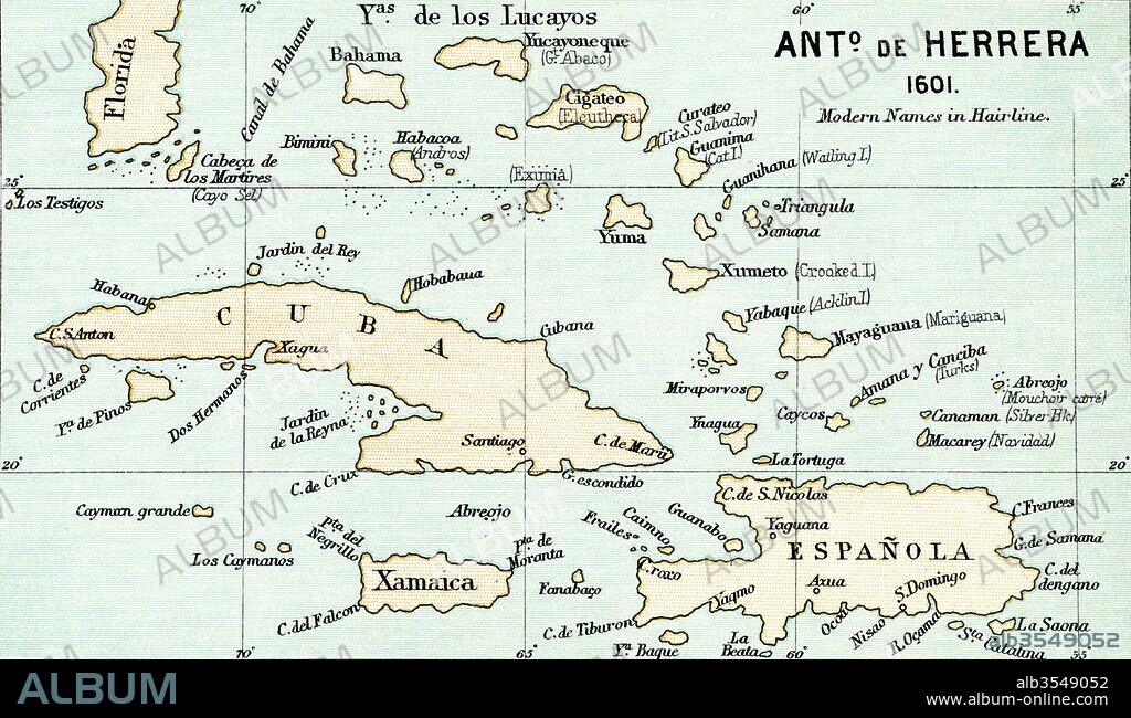Antonio de Herrera y Tordesillas map of the Bahamas, 1601. From the book Life of Christopher Columbus by Clements R. Markham published 1892.