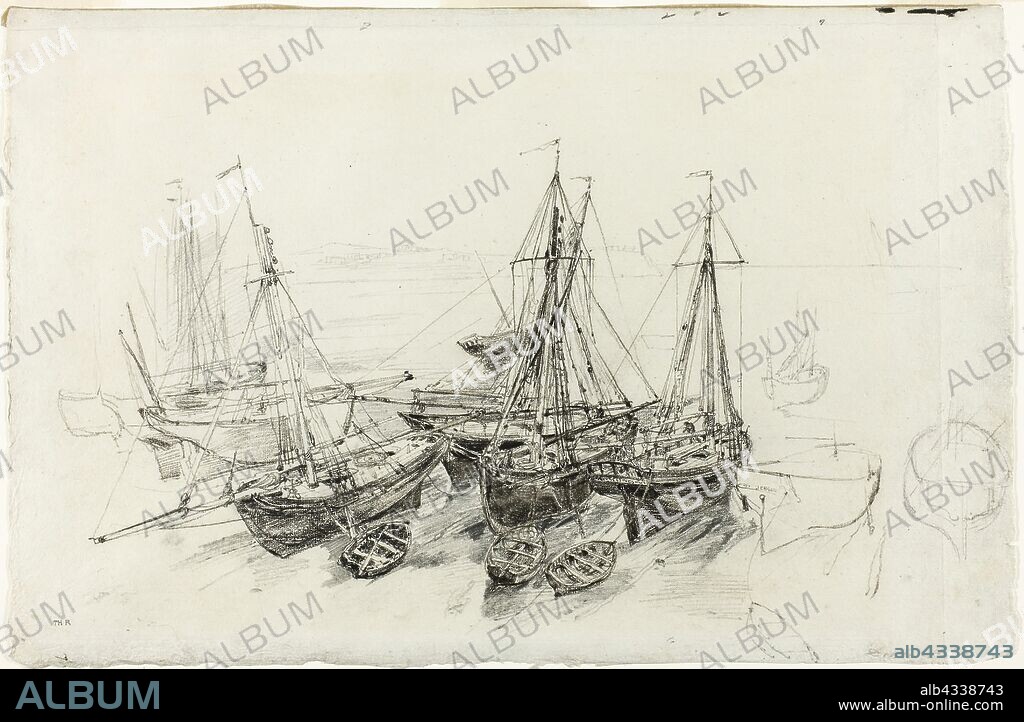 Fishing Boats at Granville, c. 1851–52, Théodore Rousseau, French, 1812-1867, France, Black crayon and graphite, with stumping, and touches of scraping, over traces of red chalk, on off-white laid paper, 314 × 480 mm.