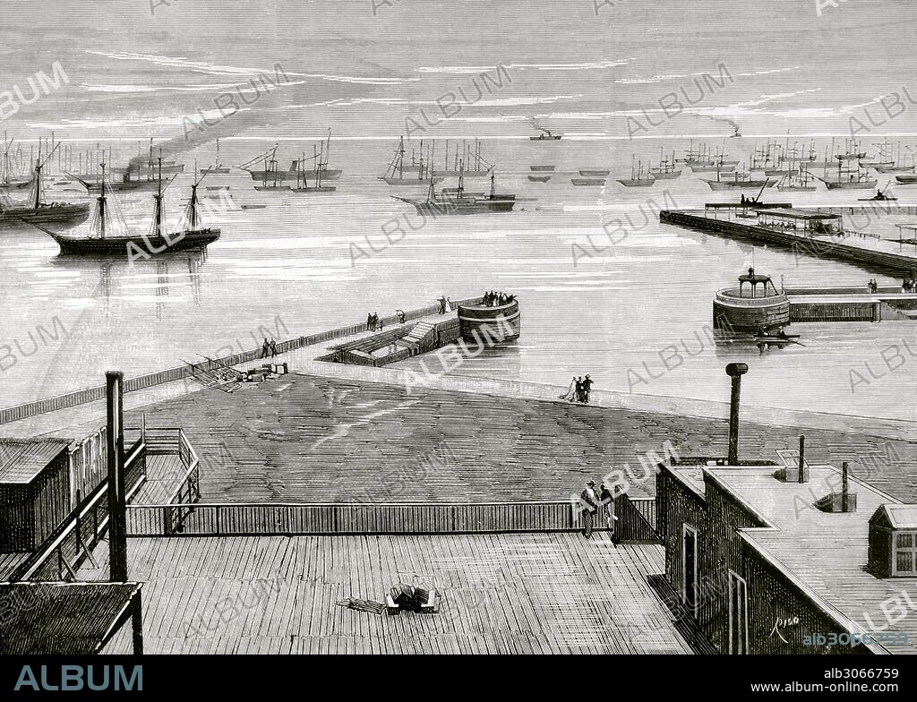 Guerra del Pacífico o Guerra del Guano o Salitre. Conflicto que enfrentó a Chile contra sus aliados Bolivia y Perú. Se desarrolló en el Pacífico y desierto de Atacama, 1879-1883. "Vista del muelle y puerto de Callao". Grabado por Rico. La Ilustración Española y Americana. Año 1879.