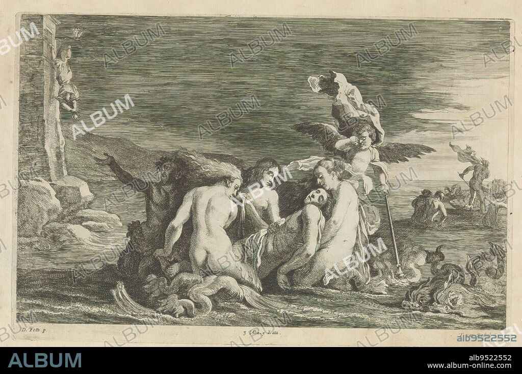 Death of Hero and Leander, Leander is drowned in the sea on his way to his beloved Hero. His body is brought ashore by nereids. On the left, Hero plunges from a tower in grief. On the right, Neptune and tritons. This print is part of an album., print maker: Theodorus van Kessel, (mentioned on object), after painting by: Domenico Feti, (mentioned on object), publisher: David Teniers (II), print maker: Southern Netherlands, after painting by: Italy, publisher: Brussels, 1660, paper, etching, height 203 mm × width 309 mm.