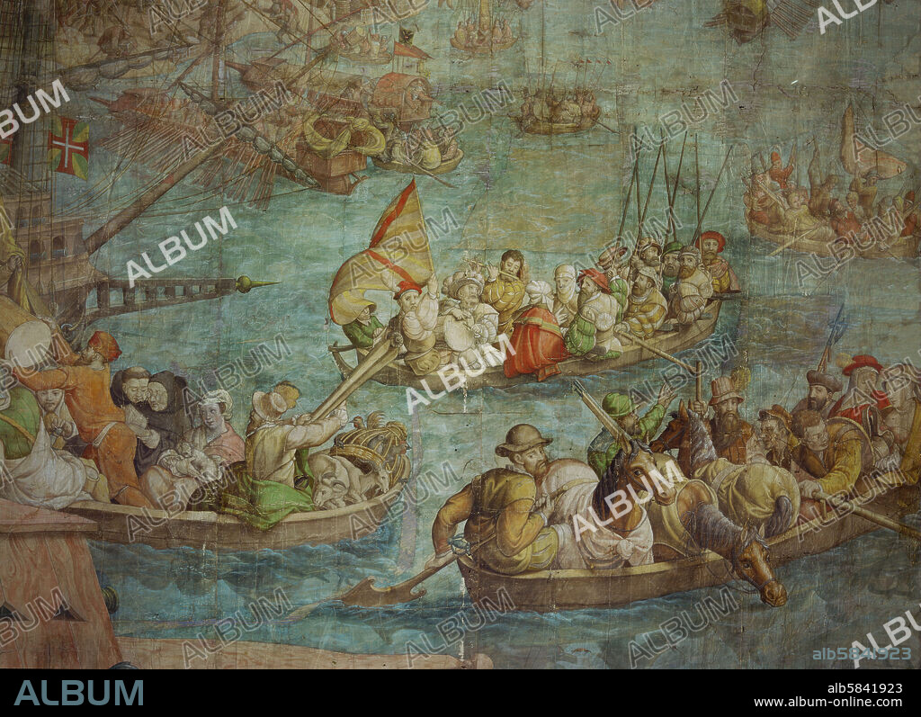 JAN CORNELISZ VERMEYEN. Emperor Karl V's war against Chaireddin, Turkish governor of Tunis, the former pirate Barbarossa (1535). Sailships, galleys and rowboats with camp followers land near Carthage. Cartoons for 12 tapestries, charcoal and watercolour on paper,385 x 662 cm, Inv.2039.