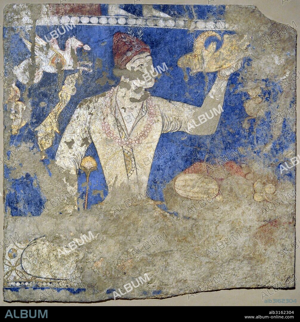 Arte. Asia Central. Pueblo Sogdiano. Los festines (artistas). Pintura mural. Primera mitad del siglo VIII. Procedente de la antigua ciudad de Penjikent, Tayikistan. Sector XXIV. Cámara 1. Museo del Hermitage (The State Hermitage Museum). San Petersburgo. Rusia.