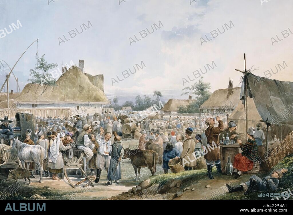 VASILY IVANOVICH STENBERG. 'Rural Fair in Malorossiya (Little Russia or Ukraine)'. Russia, 1836. Dimensions: 25,4x35,9 cm.