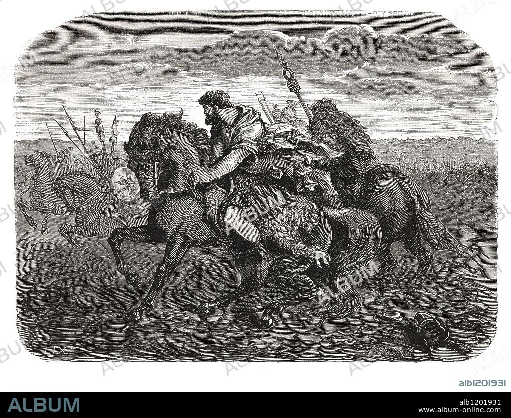 Cneius Pompeius Magnus, Pompeyo (106-48 a.JC). General y estadista romano que, junto a César y Craso, formó el primer triunvirato (año 60 a.JC). Se enfrentó a César y fué derrotado por éste en Farsalia, el 9 de agosto del 48 a.JC. Huyó a Egipto donde fué asesinado. Grabado de 1866.