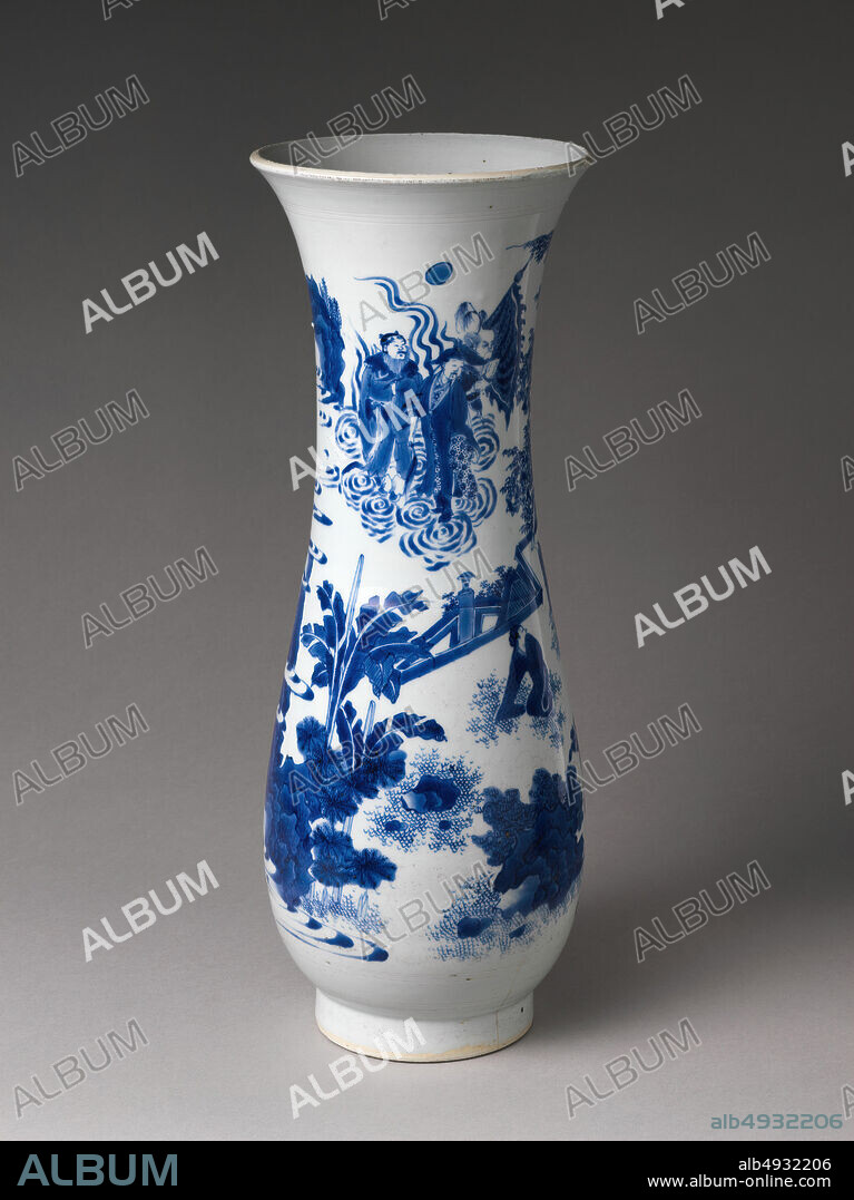 Vase with Figures in Landscape, China, Ming dynasty (13681644), Chongzhen period (162844), Date mid-17th century, China, Porcelain with incised decoration painted in cobalt blue under transparent glaze (Jingdezhen ware), H. 18 1/4 in. (46.4 cm), Ceramics.