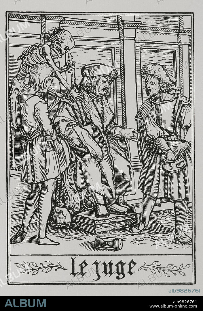 El Juez es visitado por la Muerte. Escena en la que se representa a un juez que es sobornado. La Muerte, junto a un hombre pobre que está encadenado, arrebata el cayado del juez. Facsímil de un grabado perteneciente a la serie "La Danza de la Muerte" de Hans Holbein el Joven, en "Les Simulachres et Histoires facées de la Mort", 1538. "Vie Militaire et Religieuse au Moyen Age et à l'Epoque de la Renaissance". París, 1877.
