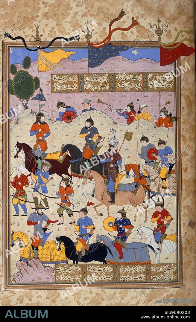 Rustam leading the Persian army to war with Afrasiyab, 1580-1600. A miniature painting from a 16th century manuscript of the epic poem the Shahnama.
