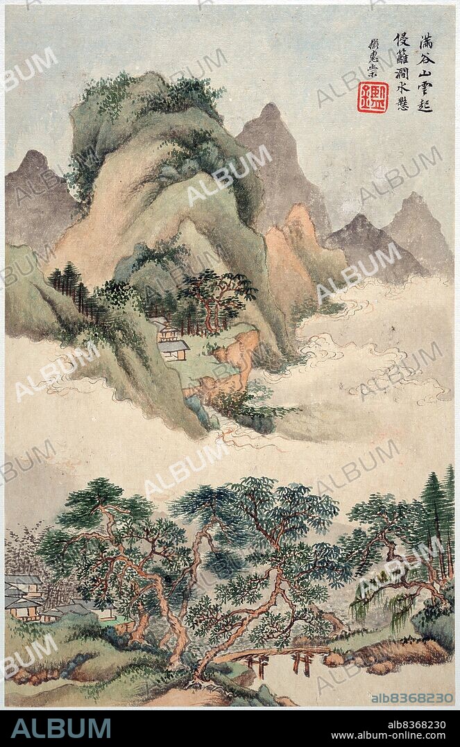China: 'Landscapes in the Styles of Old Masters'. Album of ten paintings by Wang Jian (1598-1677), 1668.<br/><br/>. Wang Jian (1598-1677), style name Xuanzhao and pseudonyms Xiangbi and Ranxiang Anzhu, was a Chinese painter born in Taicang. He lived during the end of the Ming Dynasty and the first decades of the Qing Dynasty. His style of painting was influenced by that of notorious painter Dong Yuan, and he would become famous enough himself to be considered one of the Four Wangs and Six Masters of the early Qing period.