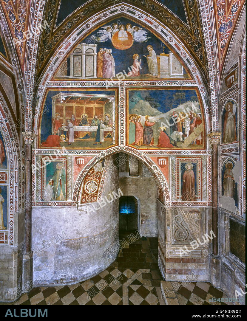 Assisi, the Lower Basilica of St. Francis, Chapel of the Magadalene: the western wall. The Chapel, dedicated to the Magadalene, was frescoed by Giotto and his workshop in 1307 - 08.
