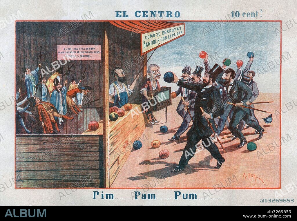 Pim, pam, pum. Caseta de ferias; politicos derribando muñecos isabelinos. Ilustración satírica política publicada en el periódico carlista El Centro, editado en Valencia en 1890.