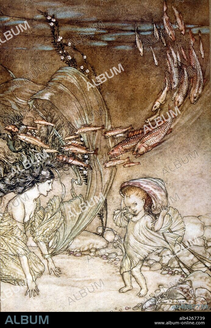 Illustration by Arthur Rackham 1910 depicting, Ondine (Undine), a fairy-tale novella by Friedrich de la Motte Fouque, in which Undine, a water spirit, marries a knight named Huldebrand in order to gain a soul. It is an early German romance.