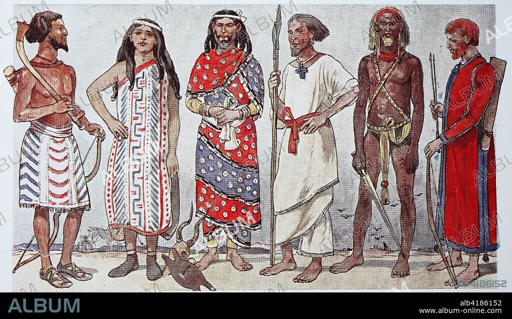Clothing of the West Asians in ancient times, from the left, Bedouin, nomadic hunters and ranchers with colorful apron and leather sandals, a Bedouin woman in colorful cloak, a Syrian or Canaanite from the end of the XVIII. Dynasty, perhaps a wealthy merchant, then a man of a tribe from southern Palestine, a man of a primitive, ancient tribe from southern Palestine, and a man from Retenu, Palestine, or Syria, to the north, digital improved reproduction of an original print from the 19th century.
