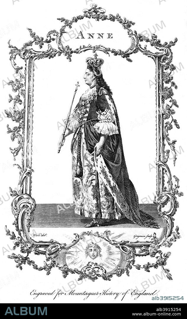 Queen Anne (1665-1714). Anne, Queen of Great Britain and Ireland from 1702 to 1714, was the second daughter of James II and the sister of Mary II. The Act of Union between England and Scotland was passed during Anne's reign, making her the last monarch to hold the separate titles of Queen of England and Queen of Scotland. Engraved for Mountague's History of England.