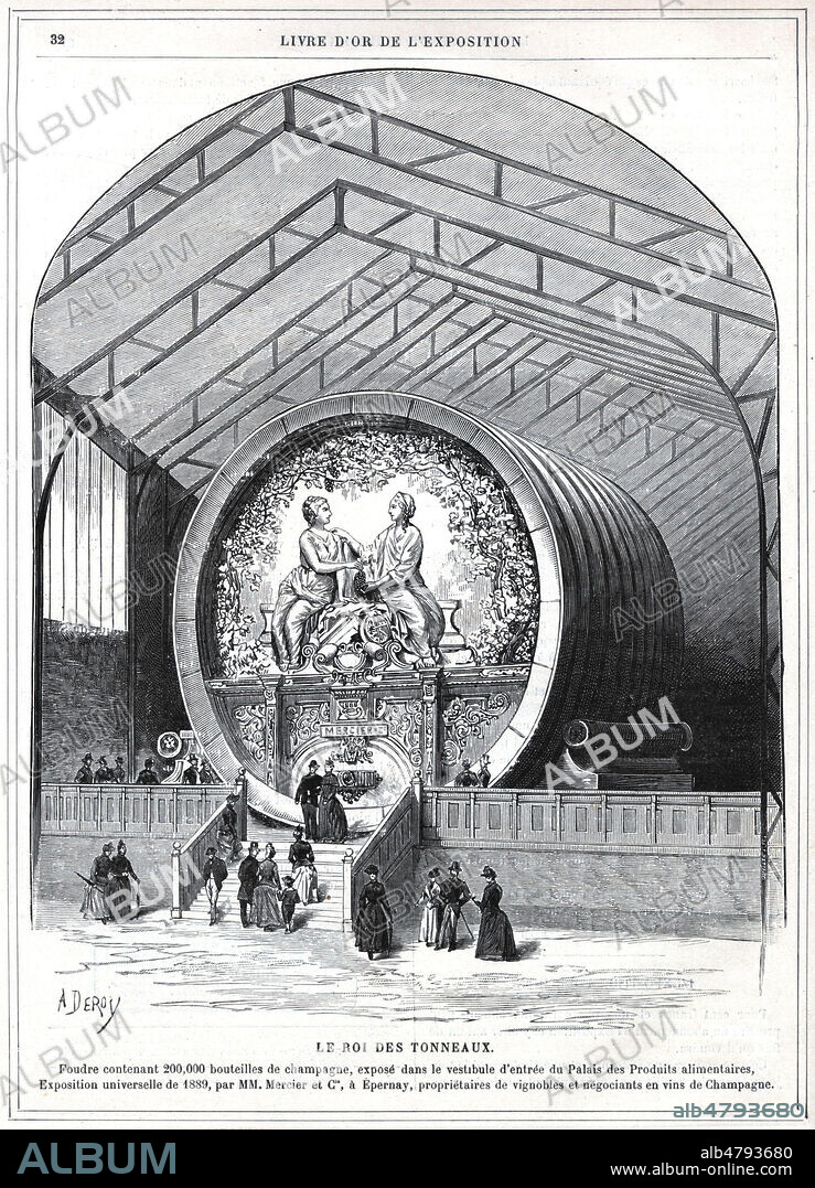 Le roi des tonneaux. Foudre contenant 200000 bouteilles de champagne Mercier expose dans le vestibule du Palais des produits alimentaires. Illustration de A. DEROY pour Le Livre d'Or de l'Exposition par C. L. HUARD. Credit : Collection Kharbine-Tapabor.
