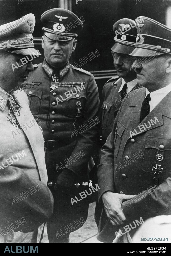 Adolf Hitler at his headquarters with senior Nazis on his 52nd birthday, 20 April 1941. From left to right: Reichsmarschall Hermann Goering, Field Marshal Wilhelm Keitel, Reichsfuhrer Heinrich Himmler, Hitler.