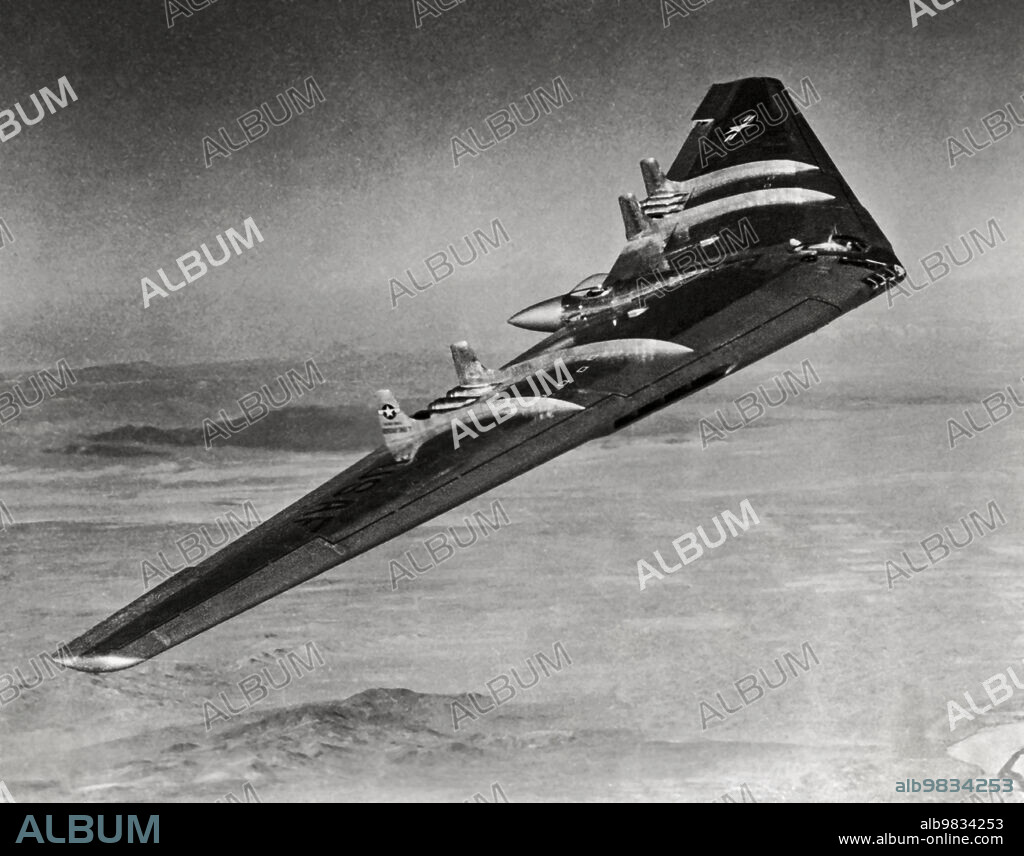 United States, c 1947 The Northrop YB-49 Flying Wing, a heavy bomber turbojet prototype, on a test flight.