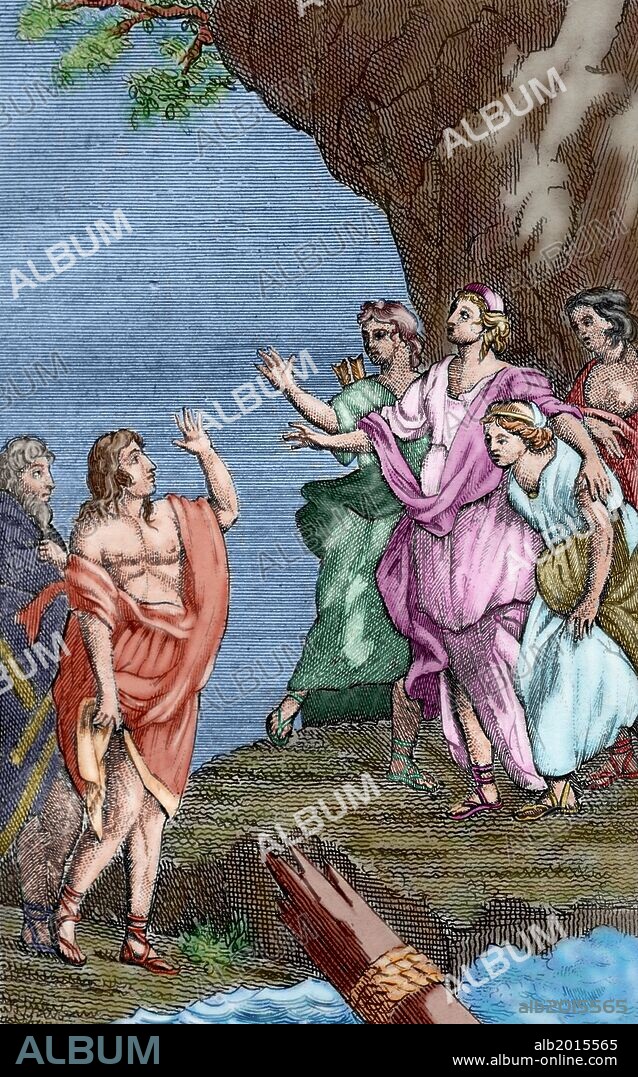 LITERATURA FRANCESA. SIGLOS XVII-XVIII. FRANÇOIS FENELON (François de Salignac de la Mothe Fénelon) (1651-1715). Filósofo, teólogo, escritor y pedagogo francés. "LAS AVENTURAS DE TELEMACO" (1699). Grabado coloreado que representa a TELEMACO, QUE, ACOMPAÑADO DE MINERVA, BAJO LA FIGURA DE MENTOR, LLEGA A LA ISLA DE CALIPSO". Libro Primero. Edición Príncipe.