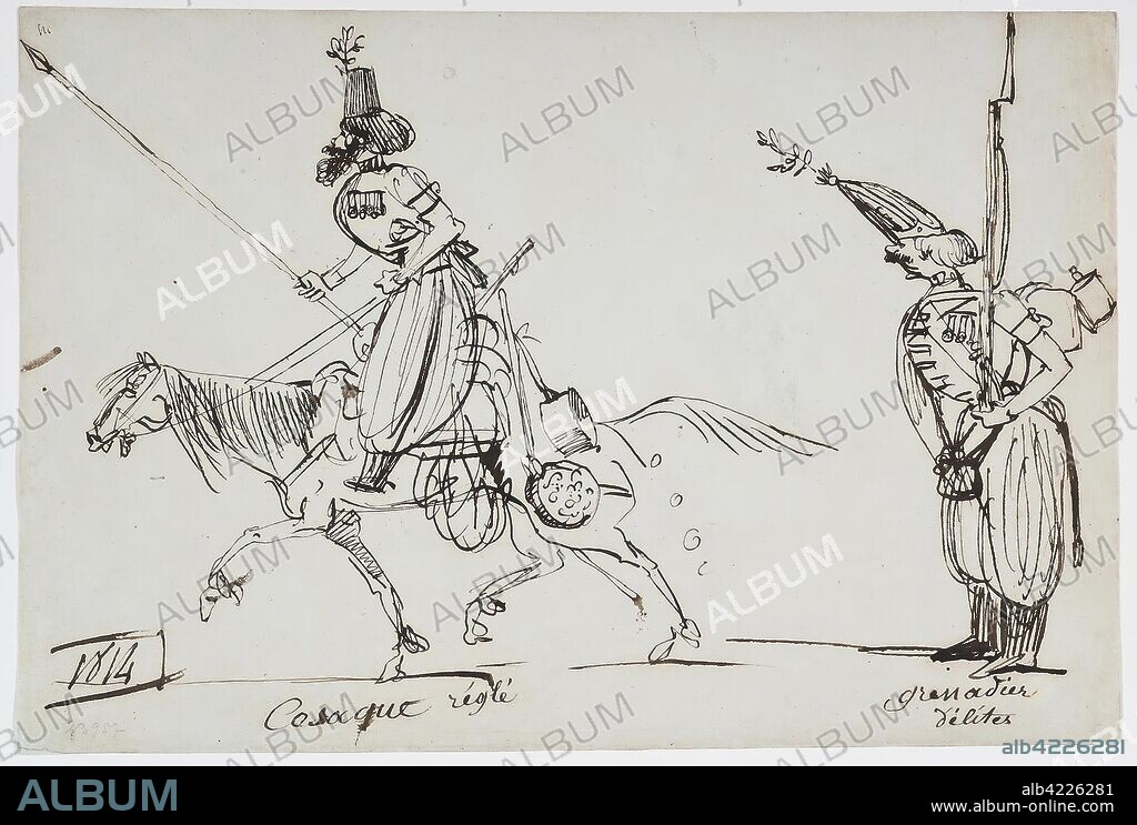 HORACE VERNET. 'Cartoon: a Cossack and a Grenadier of the Life Guards Pavlovsky Regiment'. France, 1814. Dimensions: 29x49,5 cm.