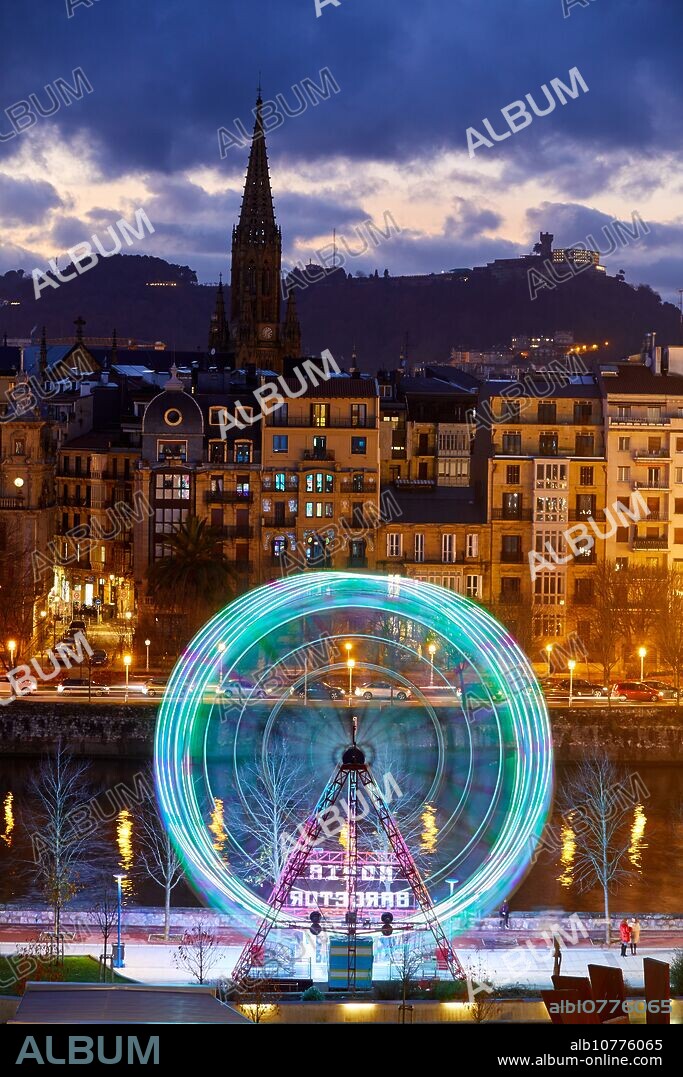 View of the city from Tabakalera, Ferris wheel, Christmas, Donostia, San Sebastian, Gipuzkoa, Basque Country, Spain, Europe.