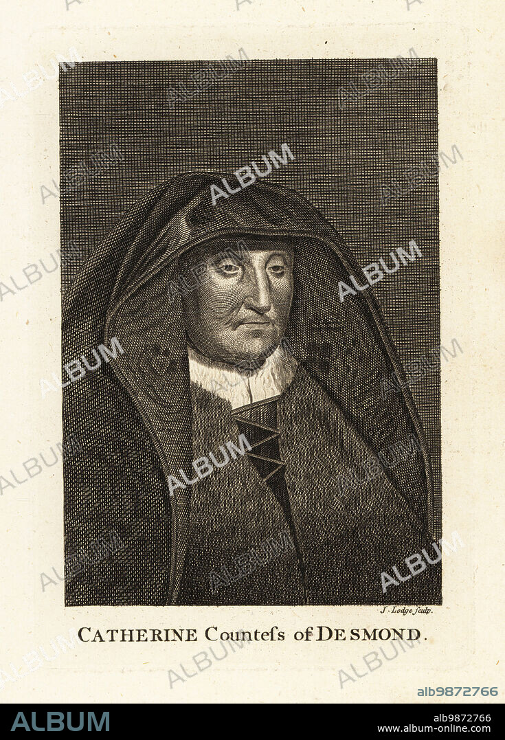Katherine FitzGerald (c. 1504 1604), wife of Thomas FitzGerald, 11th Earl of Desmond, Anglo-Norman FitzGerald dynasty in Ireland. Legendary centenarian who died at age 100 or 140. Catherine, Countess of Desmond. Copperplate engraving by John Lodge after a portrait by an unknown artist, published in London, 1790s.