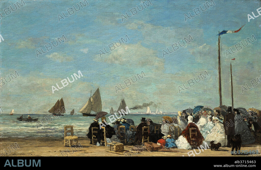 EUGENE BOUDIN. Beach Scene at Trouville. Dated: 1863. Dimensions: overall: 34.8 x 57.5 cm (13 11/16 x 22 5/8 in.)  framed: 55.6 x 78.1 x 3.8 cm (21 7/8 x 30 3/4 x 1 1/2 in.). Medium: oil on wood.