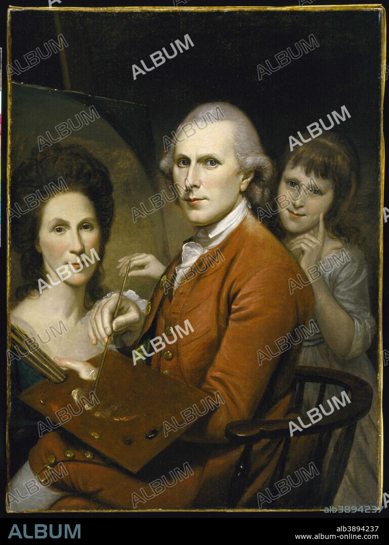 CHARLES WILLSON PEALE. Self-Portrait with Angelica and Portrait of Rachel. Date/Period: Ca. 1782-1785. Painting. Oil on canvas. Height: 917.70 mm (36.13 in); Width: 689.10 mm (27.13 in).