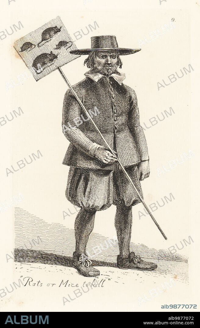 Costume of an Italian rat-catcher, 17th century. In wide-brim hat, doublet, breeches, hose and shoes. With a square cloth painted with rats and mice fastened to a pole. Rats or mice to kill. Copied from Simon Guillini's etching of Annibal Caracci's illustration in Cries of Bologna, 1646. Copperplate engraving drawn and engraved by John Thomas Smith from his own The Cries of London, or Vagabondiana 2, edited by Francis Douce, John Bowyer Nichols, London, 1839.